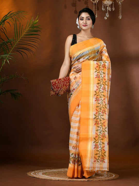Exquisite Floral Pure Cotton Block Print Saree: Traditional Indian Drape for Women