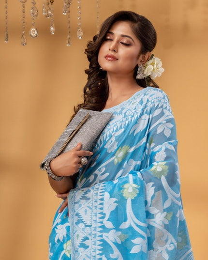 DESH BIDESH Floral Woven Design Pure Cotton Jamdani Saree