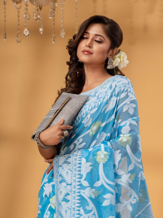 DESH BIDESH Floral Woven Design Pure Cotton Jamdani Saree