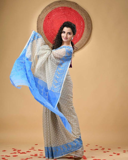 DESH BIDESH Woven Design Polka Dots Jamdani Saree for Women