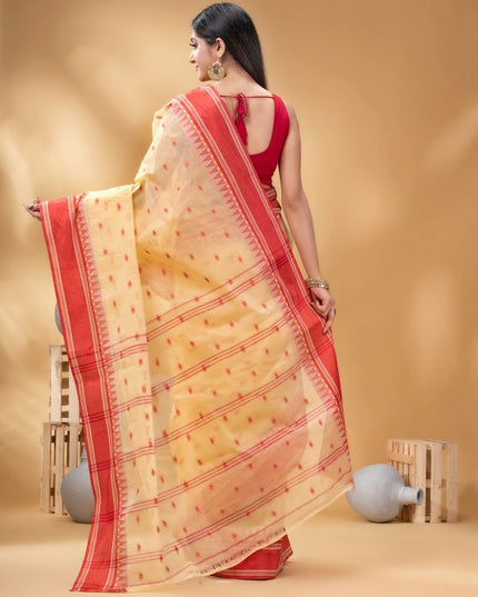 DESH BIDESH Cream-Coloured Red Woven Design Pure Cotton Handloom Taant Saree