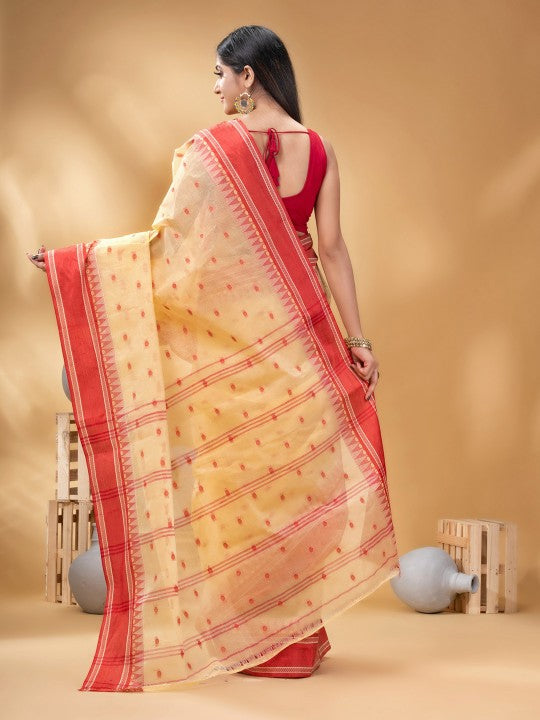 DESH BIDESH Cream-Coloured Red Woven Design Pure Cotton Handloom Taant Saree
