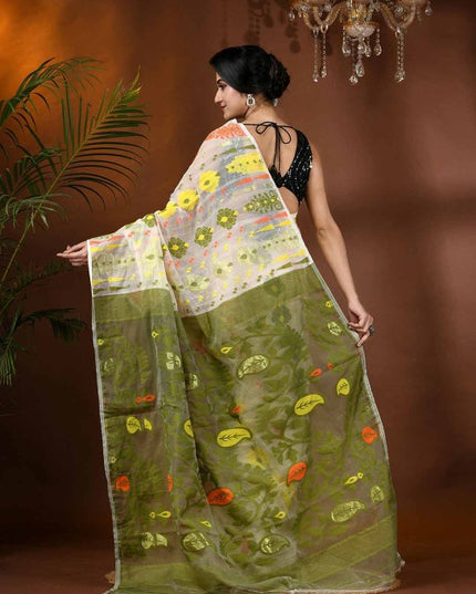 DESH BIDESH Elegant White & Green Paisley Woven Phulkari Jamdani Saree