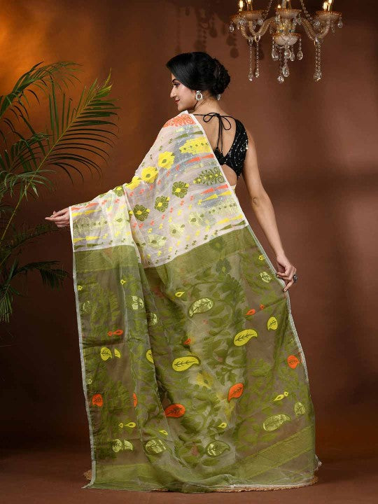 DESH BIDESH Elegant White & Green Paisley Woven Phulkari Jamdani Saree