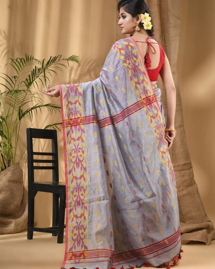 Exquisite Silver-Toned Red Silk Cotton Taant Saree with Woven Ethnic Motifs