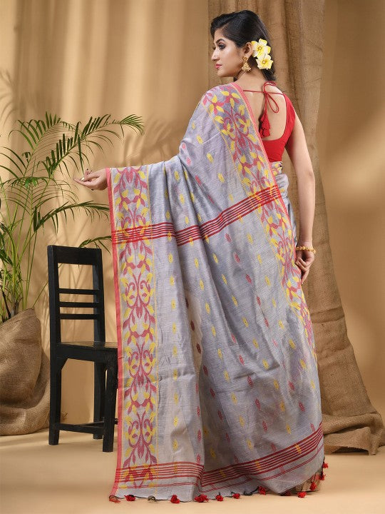 Exquisite Silver-Toned Red Silk Cotton Taant Saree with Woven Ethnic Motifs