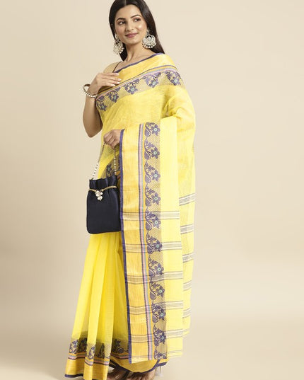 DESH BIDESH Yellow & Purple Ethnic Motifs Pure Cotton Taant Saree