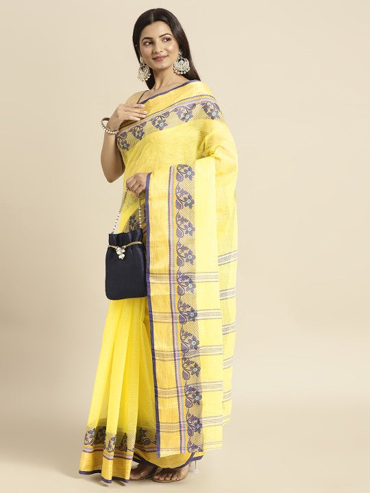 DESH BIDESH Yellow & Purple Ethnic Motifs Pure Cotton Taant Saree