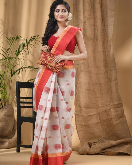 DESH BIDESH Ethnic Motifs Woven Design Zari Pure Cotton Taant Saree