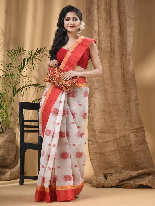 DESH BIDESH Ethnic Motifs Woven Design Zari Pure Cotton Taant Saree