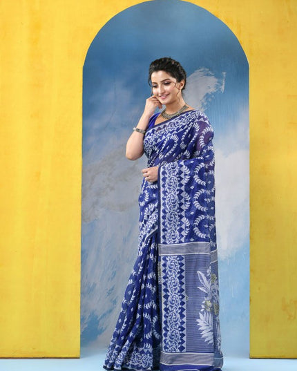 DESH BIDESH Blue & White Woven Design Zari Jamdani Saree with Border