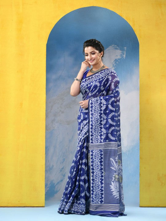 DESH BIDESH Blue & White Woven Design Zari Jamdani Saree with Border