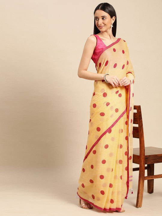 DESH BIDESH Polka Dots Pure Cotton Taant Saree