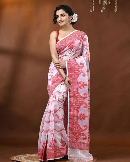 DESH BIDESH Women's Exquisite Red & White Woven Jamdani Saree with Solid Border