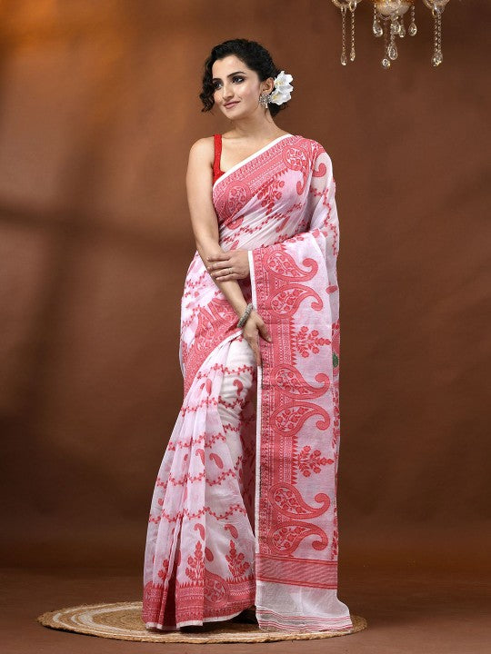 DESH BIDESH Women's Exquisite Red & White Woven Jamdani Saree with Solid Border