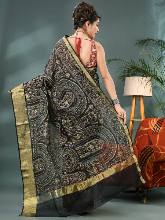 DESH BIDESH Warli Printed Bandhani Saree With Blouse Piece