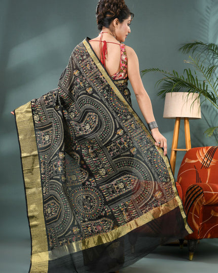 DESH BIDESH Warli Printed Bandhani Saree With Blouse Piece