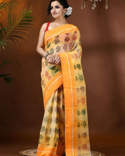 DESH BIDESH Paisley Pure Cotton Handloom Block Print Saree for Women