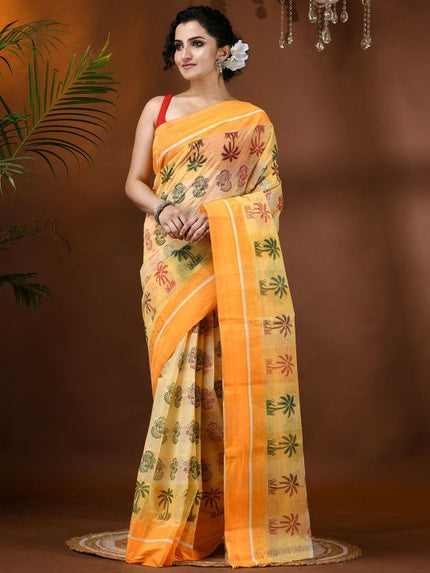 DESH BIDESH Paisley Pure Cotton Handloom Block Print Saree for Women