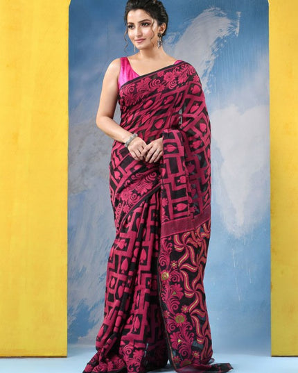 DESH BIDESH Ethnic Motifs Handloom Jamdani Saree with Contrast Border
