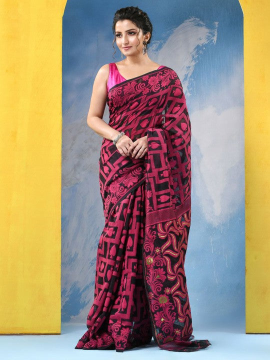 DESH BIDESH Ethnic Motifs Handloom Jamdani Saree with Contrast Border