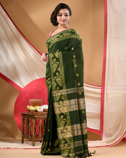 Women cotton silk tant handloom saree mysore party, wear sarees latest, design wedding, ready wear georgette chiffon saree soft silk cotton Taarini design sarees for women (Dark Green)