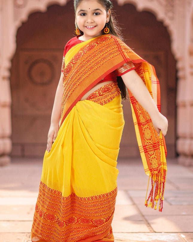 Kids wear girls Pure cotton saree Handloom Soft Kids ethnic wear girls Saree kids dress Saree for Kid Set for 5-10 Years Old