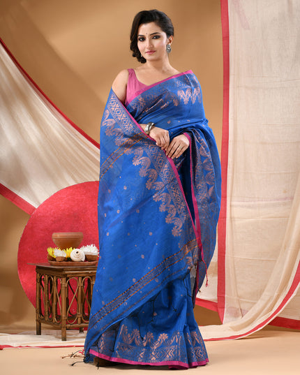 Women cotton silk tant handloom saree mysore party, wear sarees latest, design wedding, kanjivaram georgette chiffon saree soft silk cotton Senzia design sarees for women (Royal Blue)