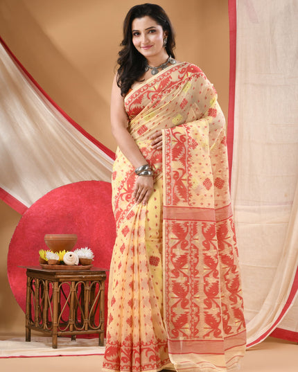 Women's Cotton silk handloom cotton jamdani sarees for women golden party, wear saree latest, Ragini design new, collection tant cotton linen dhakai muslin sarees for women (Cream Gold)