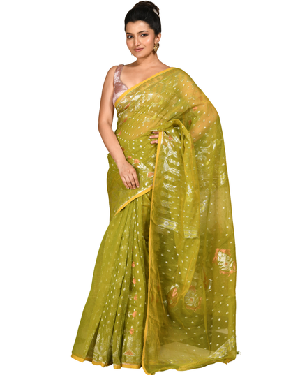 dB DESH BIDESH Women's Soft Cotton Silk Jamdani Sarees For Women for Party Festival Wedding Silk Saree GlamQueen Gold Work Design Without Blouse piece (Olive Green)