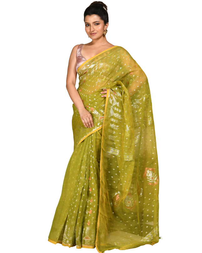 dB DESH BIDESH Women's Soft Cotton Silk Jamdani Sarees For Women for Party Festival Wedding Silk Saree GlamQueen Gold Work Design Without Blouse piece (Olive Green)