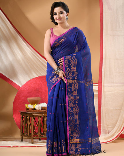 Women cotton silk tant handloom saree mysore party, wear sarees latest, design wedding, banarasi design georgette saree soft silk cotton MidNight Zari sarees for women (Royal Blue)