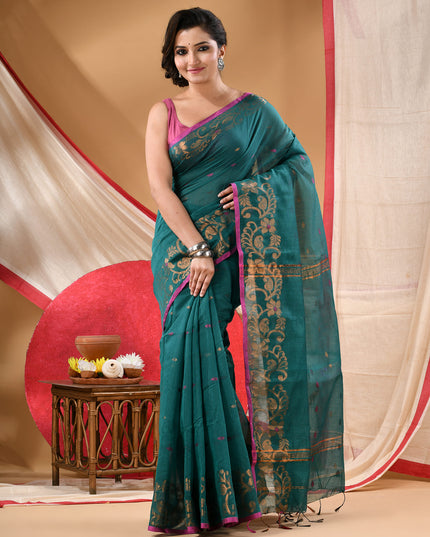 Women cotton silk tant handloom saree mysore party, wear sarees latest, design wedding, banarasi design georgette saree soft silk cotton MidNight Zari sarees for women (Tute)