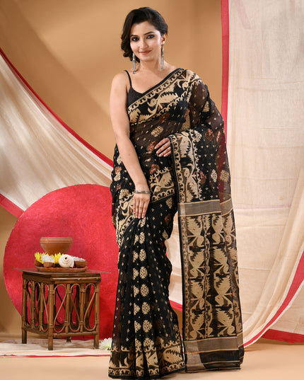 Women's Cotton silk handloom cotton jamdani sarees for women golden party, wear saree latest, Ragini design new, collection tant cotton linen dhakai muslin sarees for women (Black Golden)