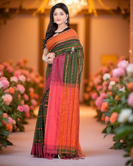 Women`s Traditional Bengali Bengamuri Pure Handloom Cotton Saree With Blouse Piece