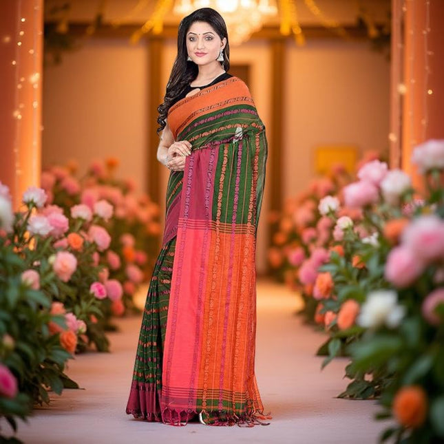 Women`s Traditional Bengali Bengamuri Pure Handloom Cotton Saree With Blouse Piece