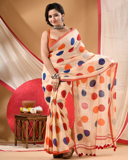 Women cotton handloom mulmul cotton sarees mul cotton sarees for women latest, Mohini design batik print bandhani malmal linen office daily, party, wear sarees for women (Off White Red)