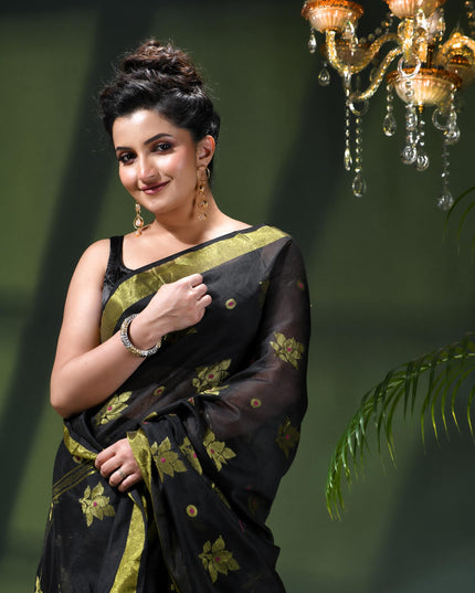 Cotton Silk Party Wear Saree Trendy Design Gulnaz Georgette Chiffon Cotton Saree (Black)