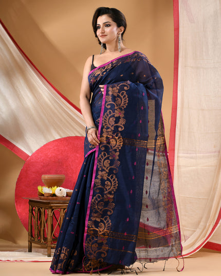 Women cotton silk tant handloom saree mysore party, wear sarees latest, design wedding, banarasi design georgette saree soft silk cotton MidNight Zari sarees for women (Dark Blue)