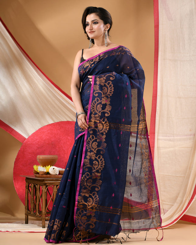 Women cotton silk tant handloom saree mysore party, wear sarees latest, design wedding, banarasi design georgette saree soft silk cotton MidNight Zari sarees for women (Dark Blue)