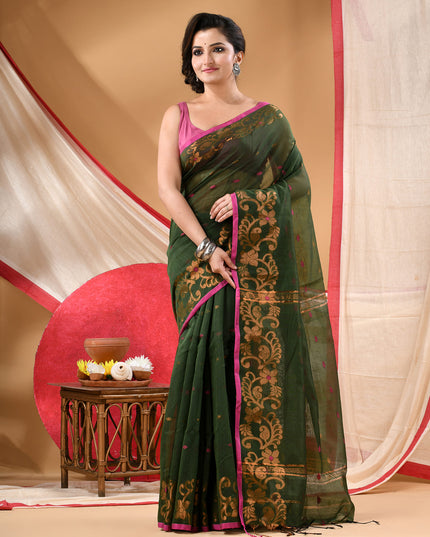 Women cotton silk tant handloom saree mysore party, wear sarees latest, design wedding, banarasi design georgette saree soft silk cotton MidNight Zari sarees for women (Dark Green)