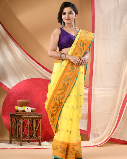 Women Tant cotton saree for woman party, wear handloom sarees for women cotton georgette chettinad cotton silk sarees for women latest, Vasantika design (Yellow)