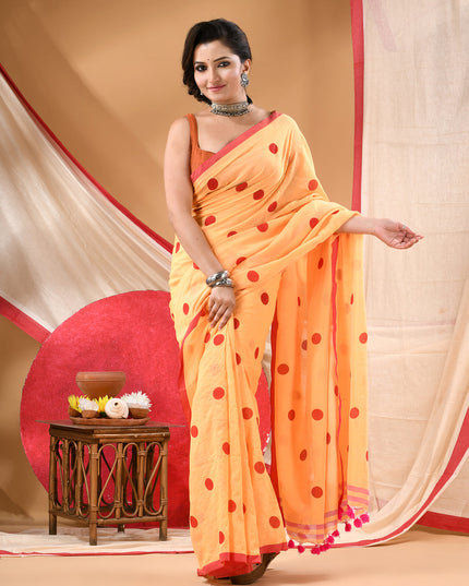 Women cotton handloom mulmul cotton sarees mul cotton sarees for women latest, Nazakat design batik print bandhani malmal linen office daily, party, wear sarees for women (Yellow Red)