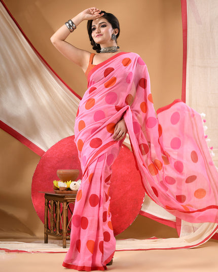 Women cotton handloom mulmul cotton sarees mul cotton sarees for women latest, Mohini design batik print bandhani malmal linen office daily, party, wear sarees for women (Pink)