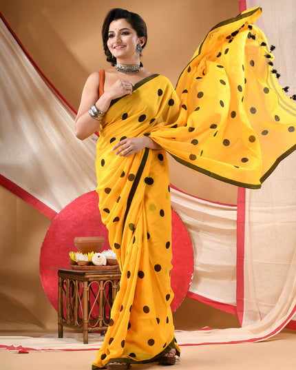 Women cotton handloom mulmul cotton sarees mul cotton sarees for women latest, Nazakat design batik print bandhani malmal linen office daily, party, wear sarees for women (Yellow Black)