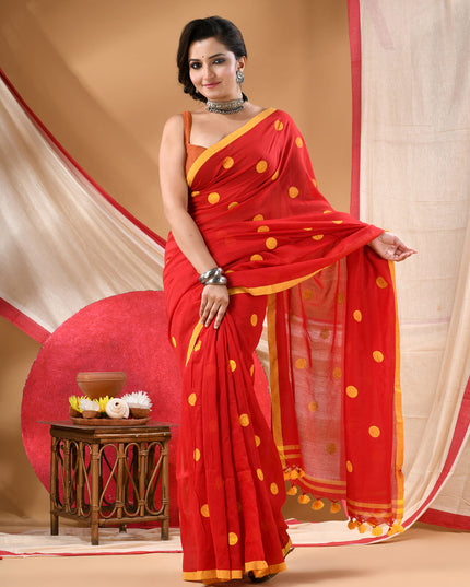 Women cotton handloom mulmul cotton sarees mul cotton sarees for women latest, Nazakat design batik print bandhani malmal linen office daily, party, wear sarees for women (Red Yellow)