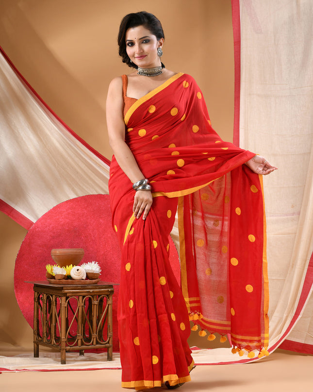 Women cotton handloom mulmul cotton sarees mul cotton sarees for women latest, Nazakat design batik print bandhani malmal linen office daily, party, wear sarees for women (Red Yellow)