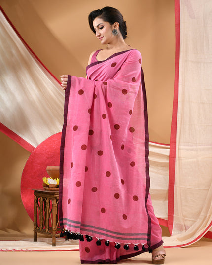 Women cotton handloom mulmul cotton sarees mul cotton sarees for women latest, Nazakat design batik print bandhani malmal linen office daily, party, wear sarees for women (Rose)