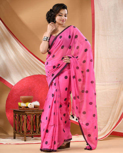 Women cotton handloom mulmul cotton sarees mul cotton sarees for women latest, Nazakat design batik print bandhani malmal linen office daily, party, wear sarees for women (Pink Black)