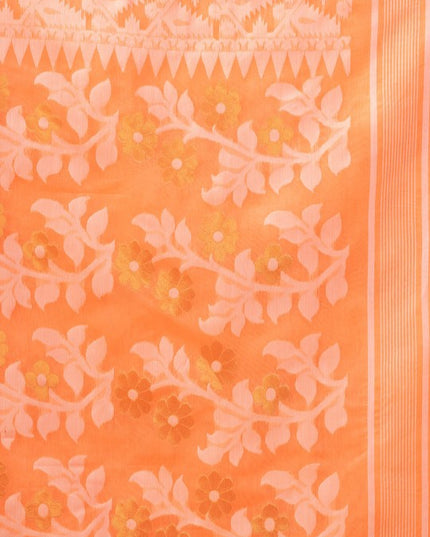 DESH BIDESH Orange White Pure Cotton Jamdani Saree with Woven Floral Design